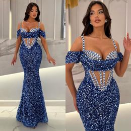 Royal Blue Mermaid Prom Dress Sequins Rhinestones Off Shoulder Evening Elegant Illusion Bodice Crystal Formal Dresses for Women
