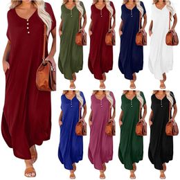 Casual Dresses Women's Fashion V-neck Solid Color Loose Short Sleeved Mid Length Split Dress Vestidos Para Mujer Elegantes Y Bonitos
