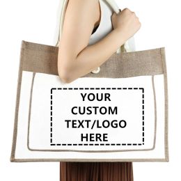 Bags 2023 LOGO Printing Custom Shoulder Bags for Women High Quality Jute and Cotton Beach Handbags Personalized Grocery Shopping Tote