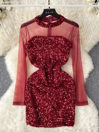 Casual Dresses Women Autumn Dress Korean Version Temperament Fashion Mesh Patchwork Sequin Waist Closure For Slimming Bottom D5433