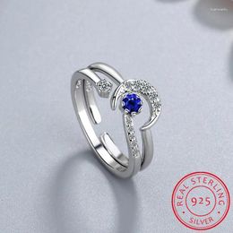 Cluster Rings 925 Sterling Silver Moon Star Couple Open Blue CZ Crystal Party Stackable Anniversary Gift Sz 6-9 CTR490-E