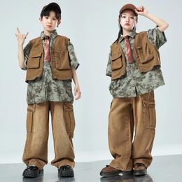 Stage Wear Boys Street Dance Outfits Vintage Print Shirt Vest Cargo Pants Girls Hip Hop Blouse Children Clothes Set Kids Jazz Streetwear