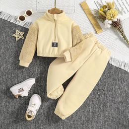 Clothing Sets Set Girls Long Sleeve Turtleneck Fleece Patchwork Khaki Cute 2 Pcs Casual Clothes 5-9T