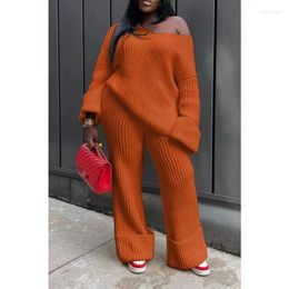 Women's Two Piece Pants Casual Knitted Sets Womens Outfits Solid Long Sleeves Loose Sweater Suit Winter Straight Female Clothing