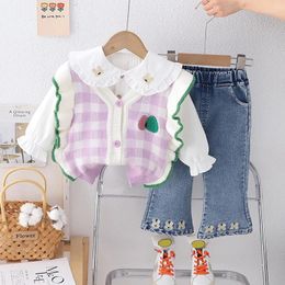 Clothing Sets Baby Girls Spring Children Knitted Vest Lace Shirt Jeans 3 Pieces Suit Cartoon Infant Casual Clothes Kids Outfits