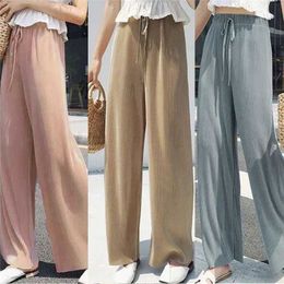 Women's Pants Capris Womens Summer Wide Legged Pants Leisure Elastic High Waist 2023 New Loose Pants Folded Pants Womens Y240422