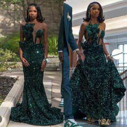 Forest Green Mermaid Prom Dress Black Sheer Neck Sequins Evening Elegant African Illusion Formal Dresses For Women