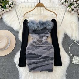 Casual Dresses Fashion Girls Sexy One Shoulder Fall Dress Winter Plush Mesh Stitch Pleats Daily Ladies Show Slimming Short