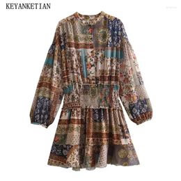 Casual Dresses KEYANKETIAN Launch National Retro Flower Print Women's MiniDress Elastic Waist Seam Detail Lantern Sleeve Slim Chiffon Skirt