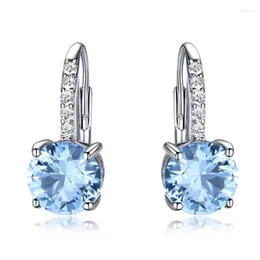 Dangle Earrings Real Clip For Women Gemstone Sky Blue Topaz Female Round Wedding Valentine's Jewellery