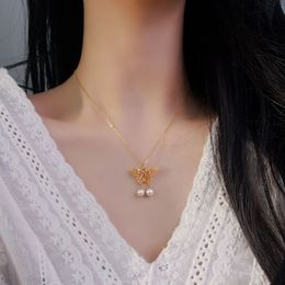 s925 sterling silver hollow necklace female fringe pearl is round national tide style gold vintage collarbone chain