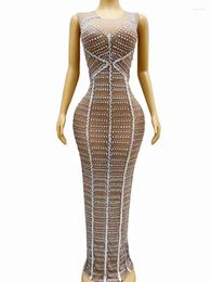 Stage Wear Sexy See Through Women Dress Transparent Mesh Shining Rhinestone Party Celebration Show Po Shoot Outfit Costume