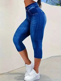 Kvinnors byxor capris kvinnor 1xl-5xl plus size high rise denim tryck capri leggings med lätt stretch sportig och elegant komforttryck y240422