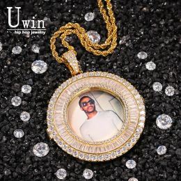 Necklaces Uwin Bagnette Custom Photo Necklace Charm HipHop Bling Iced Out AAA Cubic Zircon HiphopJewelry For Gift Tennis Chain