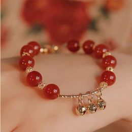 Strands Natural Red Agate Beads Adjustable Women Bracelet Lovely Bell Pendant Magnetic Buckle Design Female Ins Niche Fine Jewelry Gift