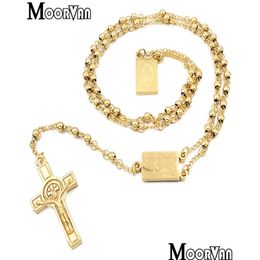 Beaded Necklaces Moorvan 4Mm 66Cm Long Gold Color Men Rosary Bead Necklace Stainless Steel Relin Of Jesus Women Jewelry 2 Colors 20121 Dhwmq