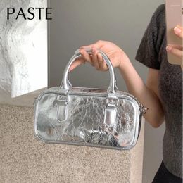 Drawstring Luxury Stylish Silver Gold Boston Tote All-match Oil Wax Cowhide Leather Crack Women's Handbag Premium Quality Shoulder Bag