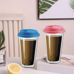 Wine Glasses Silicone Lid Coffee Cup Double-walled Heat Insulated With 350ml Transparent Morning Drink For