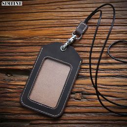 Holders SIMLINE Genuine Leather Card Holder Vintage Handmade Employee ID Pass Card Name Card Cover Tag Work Badge Case With Neck Lanyard