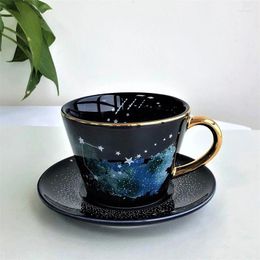 Cups Saucers Nordic Luxury Starry Sky And Golden Handle Coffee Mug Saucer Set Dark Blue Ceramics Water Couple Gifts