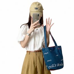 denim Cloth Denim Blue Bucket Bag New Soft Storage Letter Printing Bag Shoulder Bag m8dP#