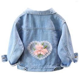 Jackets Embroidered Girls Denim Jacket Lace Flower Children's Cowboy Coat Lapel Buttons Kids Transition Outfits Classical Blue Outerwear