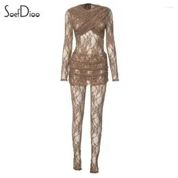 Work Dresses Soefdioo Lace See Through 2 Piece Sets Women Sexy Long Sleeve Jumpsuits And Mini Skirts Matched 2024 Summer Night Party Outfits
