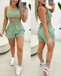 Women's Tracksuits Two Piece Set Women Outfit 2024 Summer Criss Cross V-Neck Tied Detail Top & Casual Drawstring Pocket Design Daily Shorts