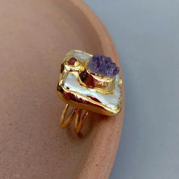 YYGEM Natural Purple Amethyst Druzy Freshwater Cultured White Square Pearl Ring Adjustable 240419
