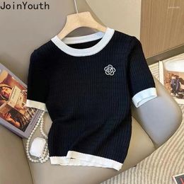 Women's T Shirts Knitted Woman Tshirts Ropa Mujer Short Sleeve O-neck Summer Tees Loose Fashion Korean Shirt Crop Tops 2024 For Women