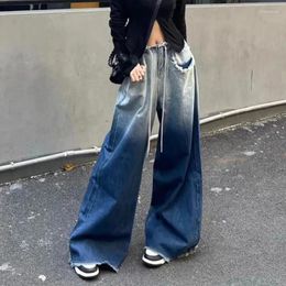 Women's Jeans Gradient Blue Loose Wide Leg 2024 Trend Street Lady Drawstring Mid Waist Casual Mop Denim Pants