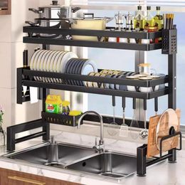 Kitchen Storage Space-Saving Countertop Dish Drainer Multifunctional Carbon Steel Rack For Sink Organiser Cutlery Holder