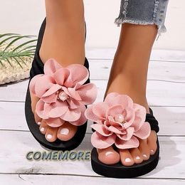 Slippers Flower Pearl Flip Flops For Womens 2024 Summer Platform Clip Toe Woman Casual Slip-On Wedge Slides Sandals Plus Size 43