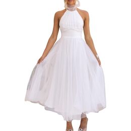 Women Urban Sexy Dresses Flowy Swing Tulle Maxi Dress Halter Neck Sleeveless Backless Cocktail Evening Party Wedding A Line Dress