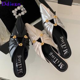 Slippers Women Slides Metal Mules Summer Shallow Female Shoes For 2024 Black Casual Outside Pointed Toe Fashion Ladies Flats