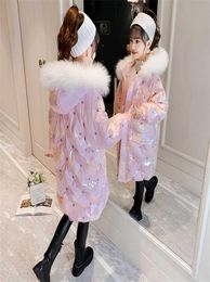 Winter Girls Hooded Fur Collar Cotton Coat Midlength Children039s Padded Warm Snow Jacket Kids Fashion Waterproof Outwear TZ786854969