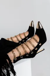 Boots Sexy Suede Hollow Out Women Spring Knee High Lady Gold Chain Decor Pointed-toe Thin Heels