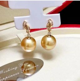 Earrings Gorgeous Super Large AAAA 1110mm Round Natural South China Sea Gold Pearl Earrings 925S