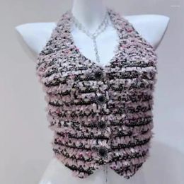 Women's Tanks Summer Black Pink Tweed Neck Strap Sleeveless Vest Women Top