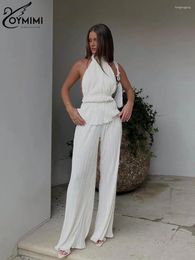 Women's Two Piece Pants Oymimi Sexy White Pleated 2 Sets Women Outfit 2024 Fashion Sleeveless Backless Tank Top With High Waist Wide Set