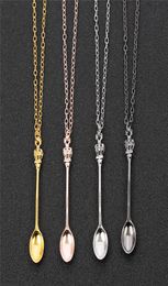 Charm Tiny Tea Spoon Shape Pendant Necklace With Crown For Women 4 Colors Creative Mini Long Link Jewelry Spoon Necklace3483882