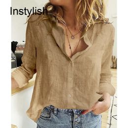 Women Casual Long Sleeve Cotton Linen Loose Shirt Elegant Solid Harajuku Lapel Blouse Vintage Oversize Tops Y2K Streetwear Tunic 240419