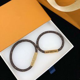 With BOX Women Men Leather Bracelets Brown Old Flower Letter Lover's Charm Bracelet Bangle Gold Colour Jewellery Accessories 17 211p
