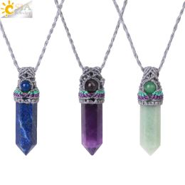 Necklaces CSJA Hexagonal Crystal Necklace for Man Natural Stone Amethysts Quartz Pendant Necklaces Handmade Braided Jewelry Women H080