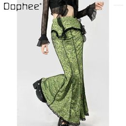 Skirts Chinese Style Green Mid-Length Skirt For Women Elastic Waist Stitching Lace High Sheath Fishtail A- Line Midi