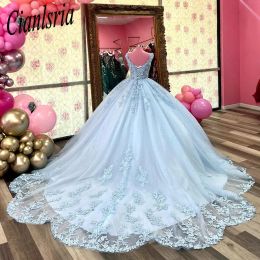 Sky Blue Quinceanera Dresses 2024 Young Girs Prom Gown Sparkly Cinderella Birthday Princess Vestidos De Sweet 15 Anos 16