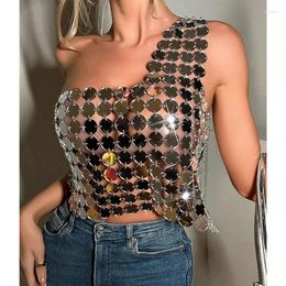 Women's Tanks Women 2024 One Shoulder Off Sequined Top For Nightclub Party Disc Metallic Body Chian Silver Sequin Chainmail