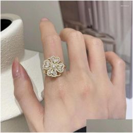 Cluster Rings Luxury Heart Shaped Clover Shine Zircon Anxiety Rotate Ring For Women Fashion Open Adjustable Anniversary Gift Jewellery D Dh0Pr