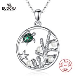 Necklaces Eudora 925 Sterling Silver Seaweed Ocean sea turtle Pendant Necklace with green Enamel Craft Pearls fine Jewellery for women D593