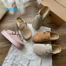 Casual Shoes BKQU Brand 2024 Summer Trend Thick Sole Women's Clogs Muller Suede Wood Rubber Kawaii